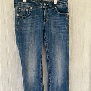 Miss Me Blue Boot Cut Jeans with Distressed Finish